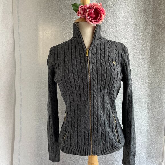 Ralph Lauren Women's Gray Front Zip Cardigan Cable Knit Long Sleeve Size M - Picture 1 of 7